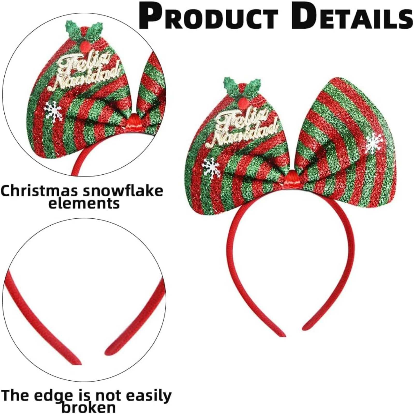 1PC  Christmas Bow Headband - Glitter Red Green Striped With Snowflake Decor, Xmas Holiday Party Hair Accessory For Women