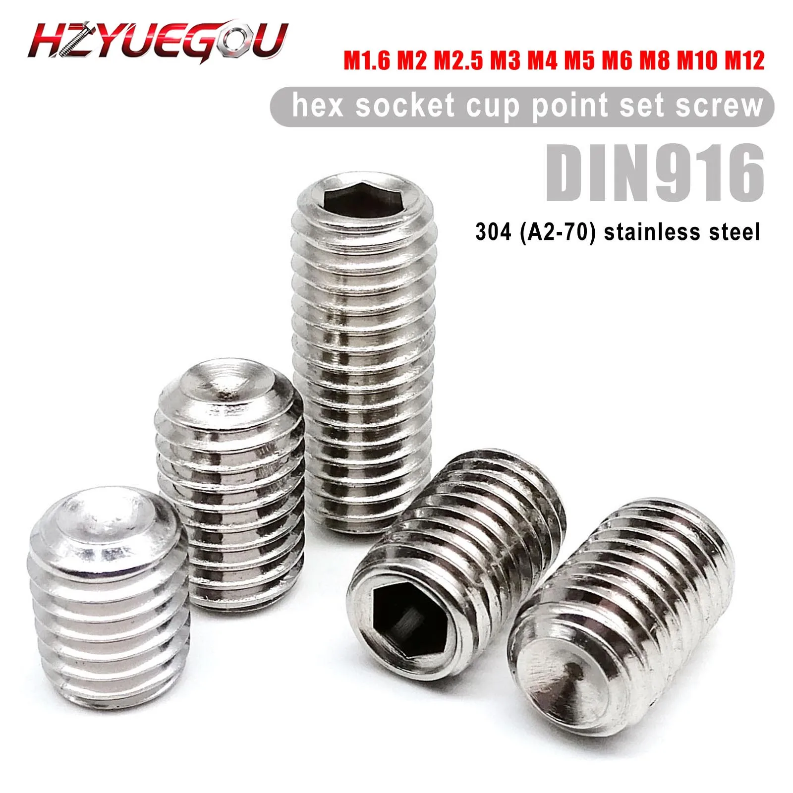 HZYUEGOU M1.6 M2 M2.5 M3 M4 M5 M6 M8 M10 M12 DIN916 Sechskant-Inbusschraube mit Spitze, Gewindestift A2-70 304 Edelstahl