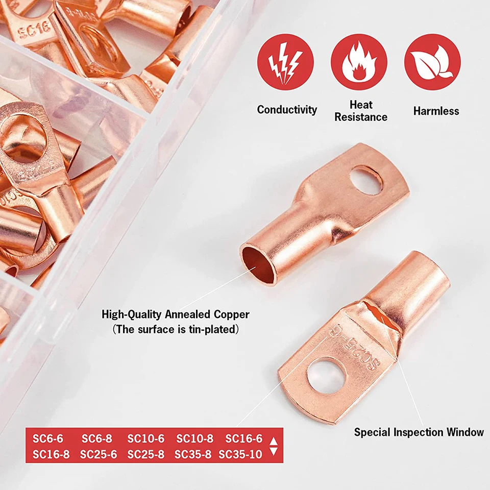 250Pcs Wire Lugs Ring Terminal Kit With Heat Shrink - AWG 2-12 Copper Connectors Assortment