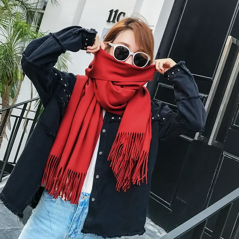 

Autumn Winter Scarf Female Fashion Super Long Acrylic Solid Color Warm Shawl Dual Thickening Wrap Women Accessories Scarves Lady