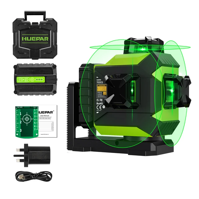 Huepar Niveau Laser Vert Bluetooth 3x360°, Auto-nivellement 3Lignes Mode Pulsé, Batterie Lithium 7,4V/2600mAh, Base - Bricolage
