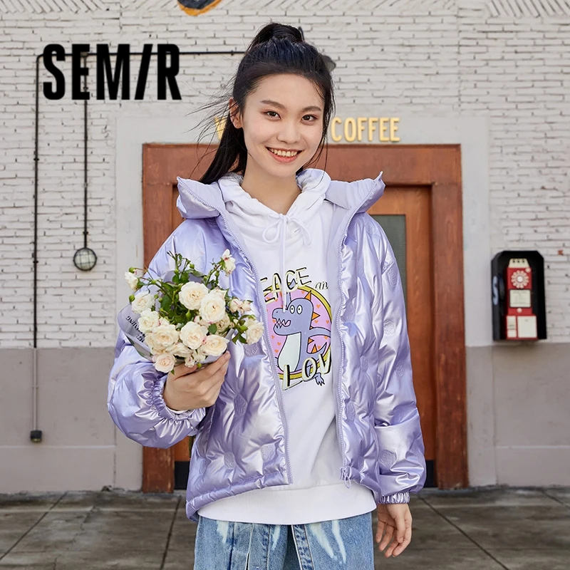 Semir Down Jacket Women Stand-Up Collar Shiny Design Sense 2023 Winter New Loose Drawstring Thin Coat