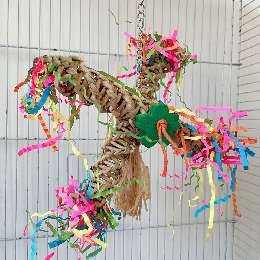1pc Random Color Rattan Parrot Windmill Chew Toys Hanging Swing Shredder Toys Bird Cage Bite Accessories for Macaws Pet Supplies parrot toy,bird toy,bird cage accessories