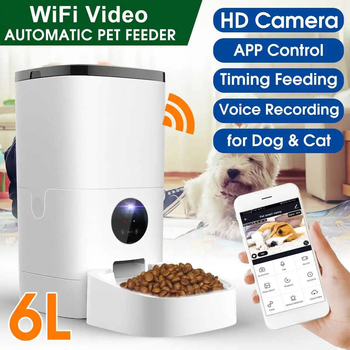 

6L Pet Automatic Feeder Cat Dog Food Dispenser Vedio Version Smart 5S Voice Recorder APP Control Timing Feeding With HD Camera