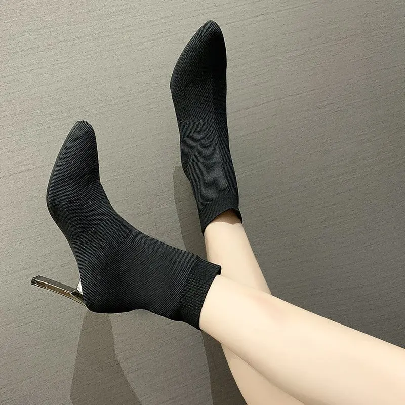 Simple Fashion Stretch Socks Boots Women's High Heels Shoes Knit Socks Boots Skinny Women Pointed Autumn and Winter Bare Boots