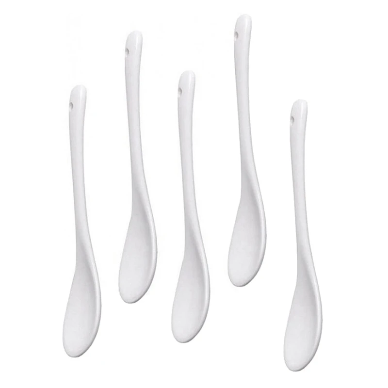 

5PCS White Porcelain Egg Spoons Ceramic Spoons Coffee Spoon Dessert Spoon Mocha Dip Serving Spoon