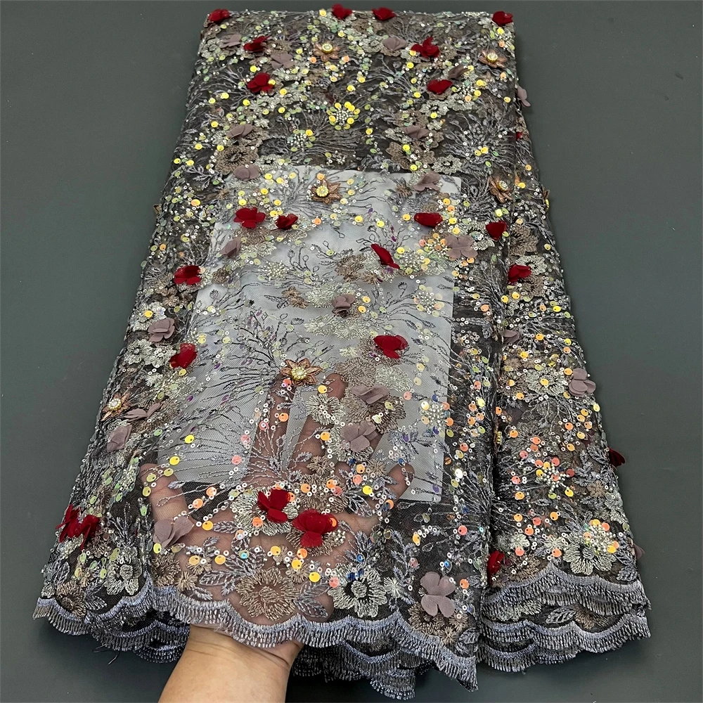 

High Quality 2024 African Nigerian Latest Tulle Lace Fabric Sequins Sewing Guipure Beads Stone Embroidery Dresses 5yards H0376