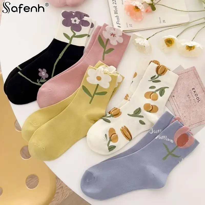 

1 Pair Cotton Women Socks Cartoon Flower Candy Color Harajuku Breathable Design Korean Style Japanese Comfortable Socks New