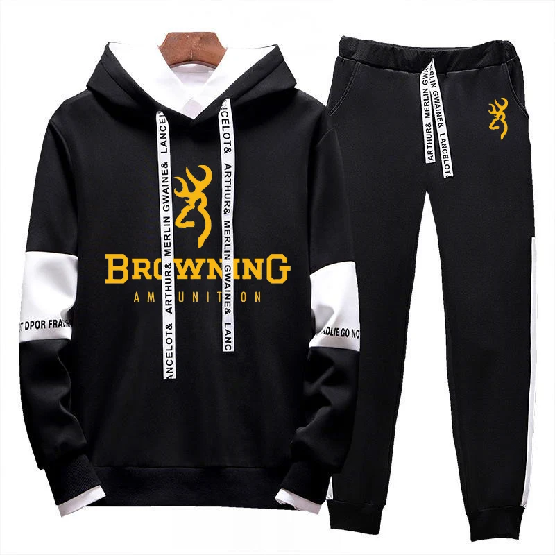 2023 Spring Autumn BROWNING Printing Men's High Quality Fashionable Lace-up Design Hoodies+Popular Sweatpants Comfortable Sets