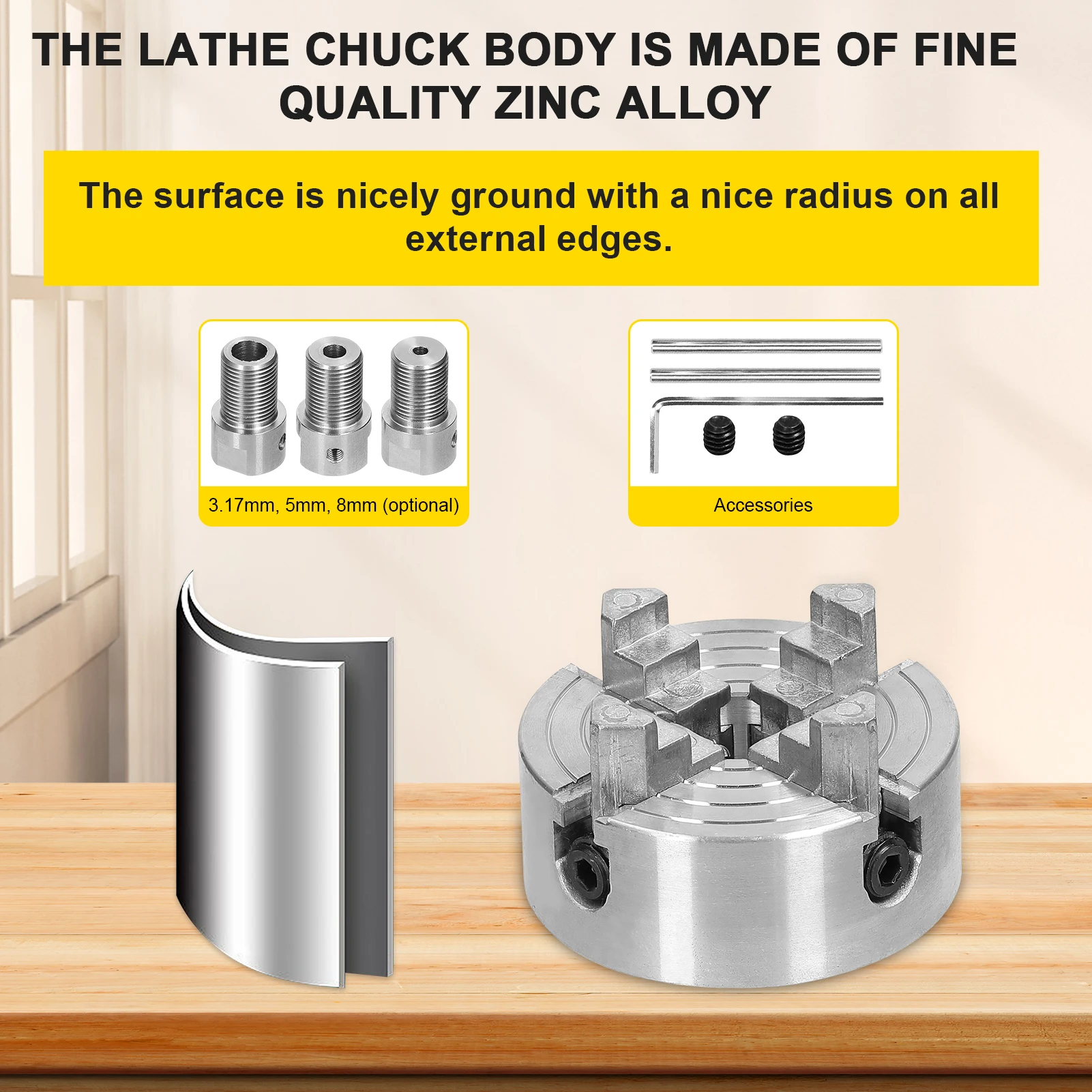 Zinc Alloy 4-Jaw/3-jaw Chuck Connecting Rod Self Centering Wood Turning Chuck Optional Clamp Accessory for Mini Metal Lathe 3