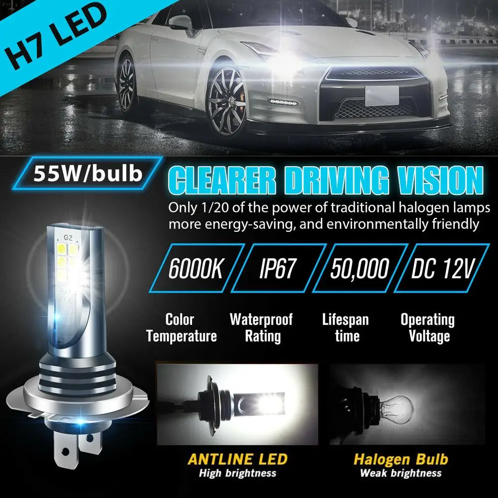 Led Headlights 2pcs H7 Car Fog Light Bulbs High Low Beam 110w 30000lm 6000k White For Vehicles