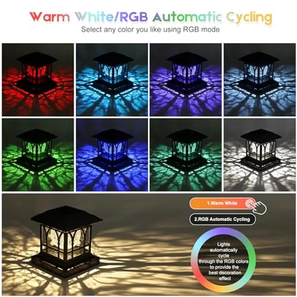 Crackle Glass Solar Post Lights 20 Lumens Warm White RGB Auto Cycling 2 Modes 3.6x3.6 4x4 Durable ABS Exquisite Design Memory