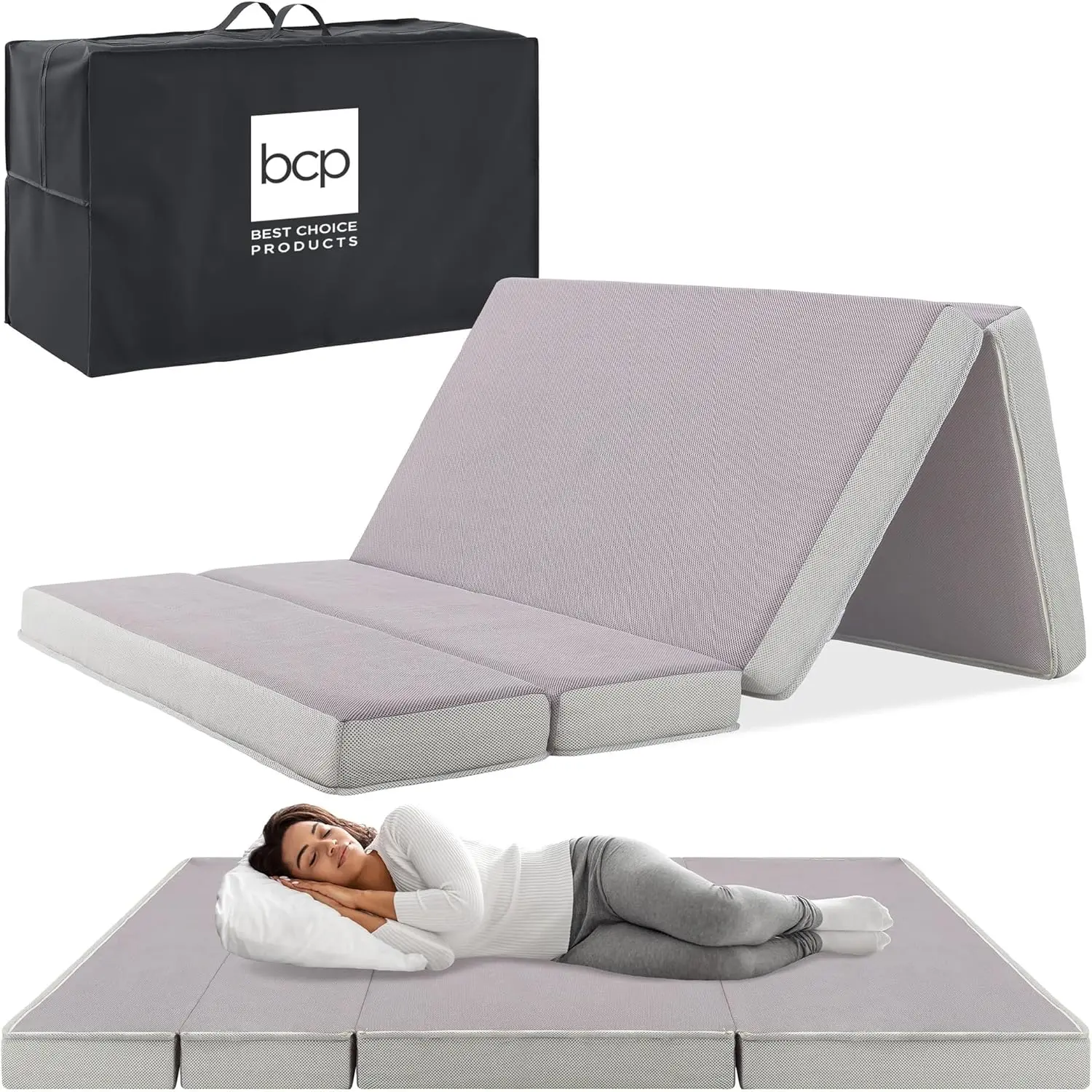 4in Portable Twin-Size Mattress, Folding Mattress Topper for Camping, Guest, Toddler, Foam Plush w/Carry Ca