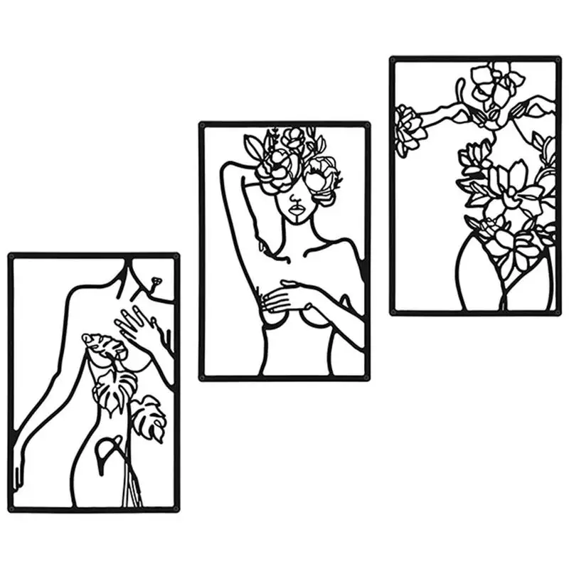 

Metal Female Body Wall Art 3pcs Black Line Art Female Body Minimalist Silhouette Metal Line Art Nude Body Decor For Dining Room