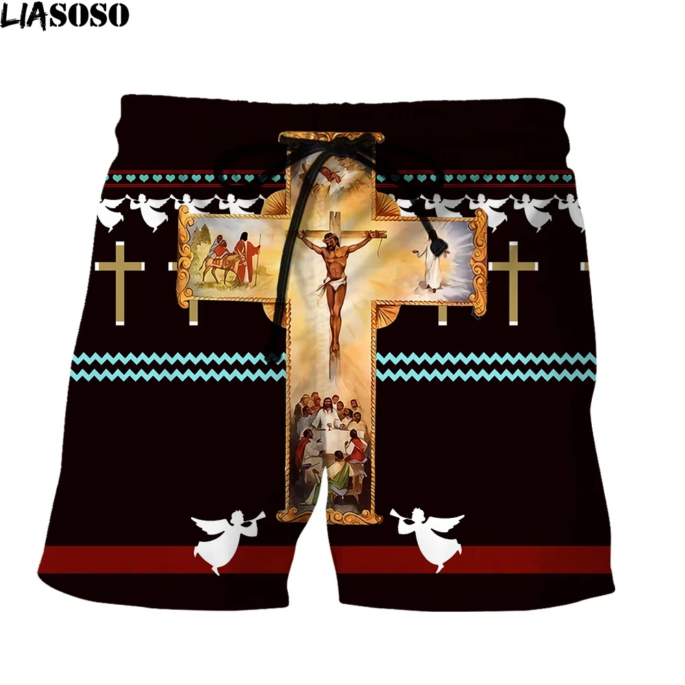 LIASOSO New Fashion Shorts Men Woman Cross Anime Streetwear Adult God Cartoon Religion Fitness Christ Jesus 3D Print Sweatpants