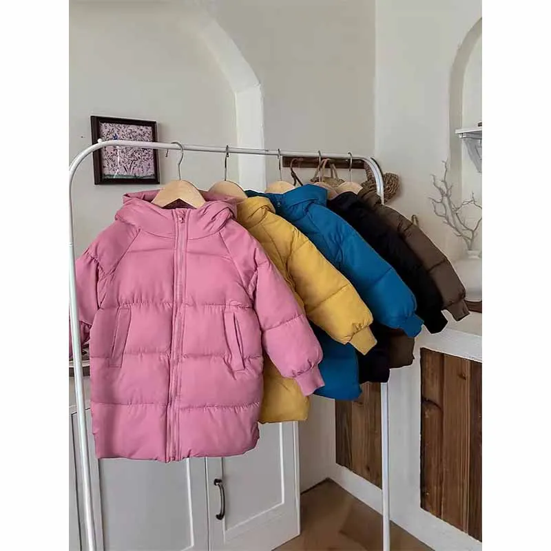 Girls Winter Coat Boys Padded Thickened Warm Long Outerwear Children Solid Color Hooded New Clothes Jacket 2-8 Years Old