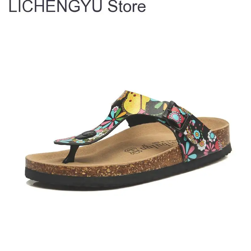 New Women Print Cork Flip Flops Slipper Casual Summer Beach Outside Non-slip Slides Shoe