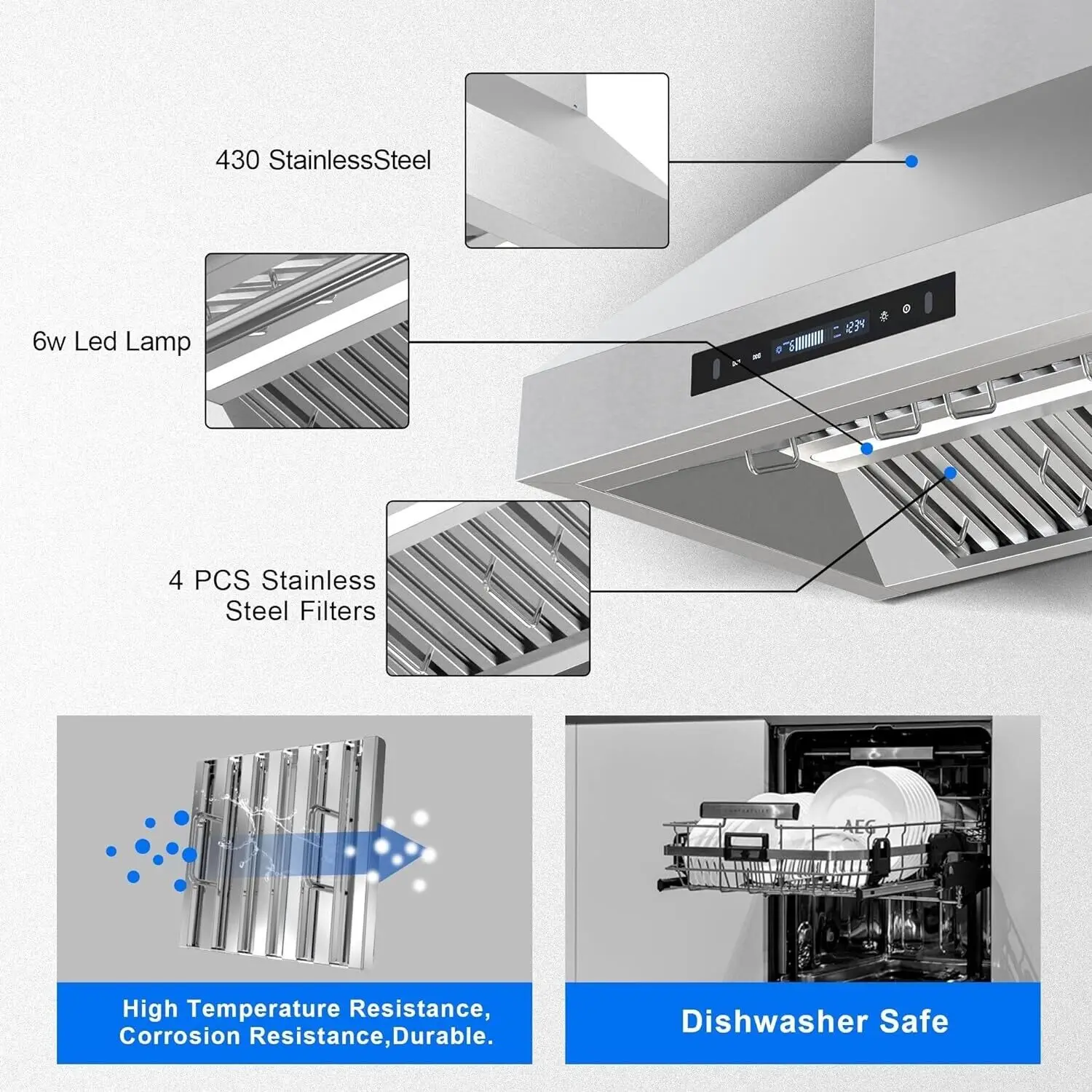 Tieasy 900CFM 30-inch Wall Mount Stainless Steel 3-Speed Fan Touch Screen LED Light Range Hood USGD2875 5