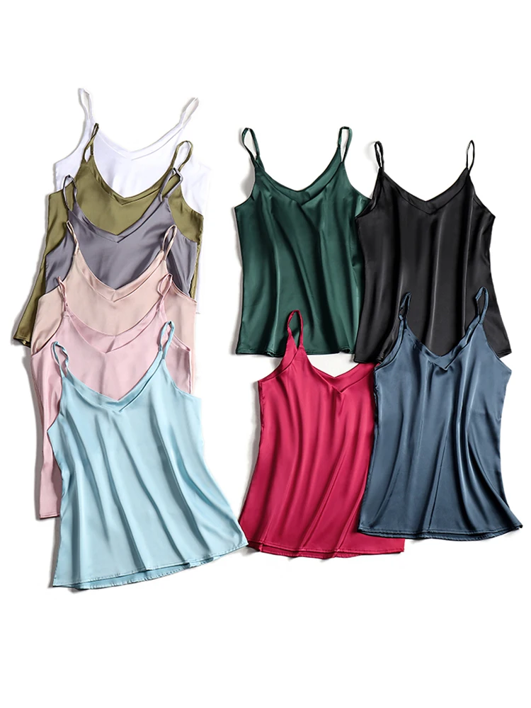 Spaghetti Strap Top Women Halter V Neck Basic White Cami Sleeveless Satin Silk Tank Tops Women'S Summer 2022 Camisole