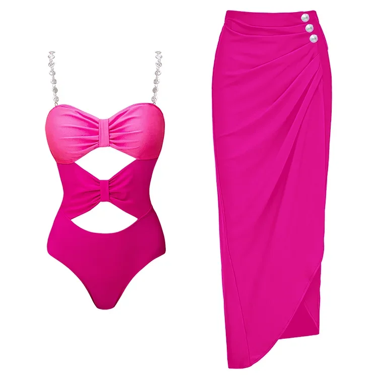 

2024 New Swimsuit Pearl Sling Decor Pink One Piece Swimwear Women Vacation Beachwear Luxury Bathing Suit Sexy Bikini two piece