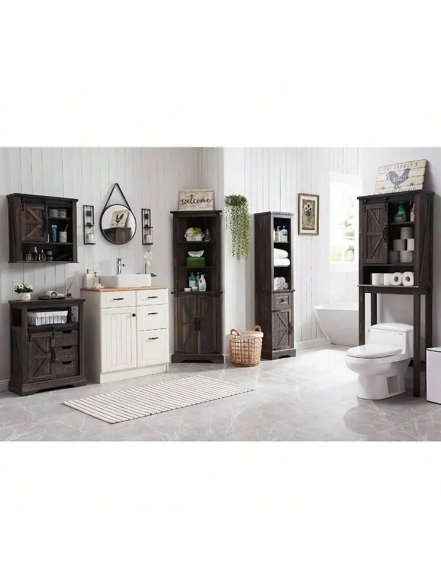 OKD Farmhouse Storage Cabinet with Adjustable Shelves and Storage Drawer Tall Linen Tower for Bathroom and Living Room D 3