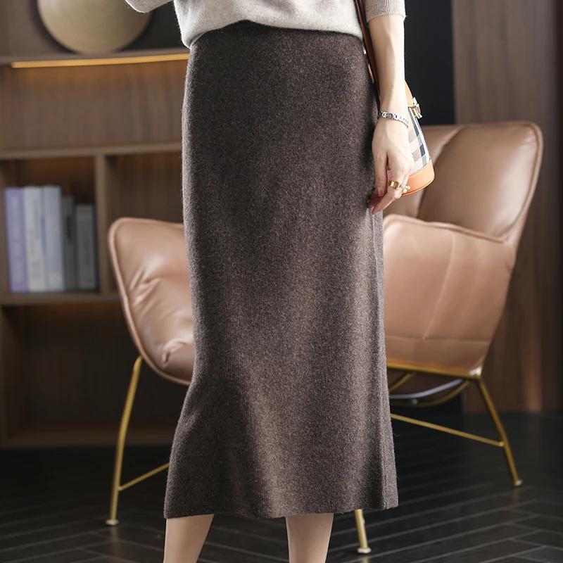 High-waisted solid color Half length skirt women's new autumn winter all-match slimming A-line skirt knitted mid-length skirt 5