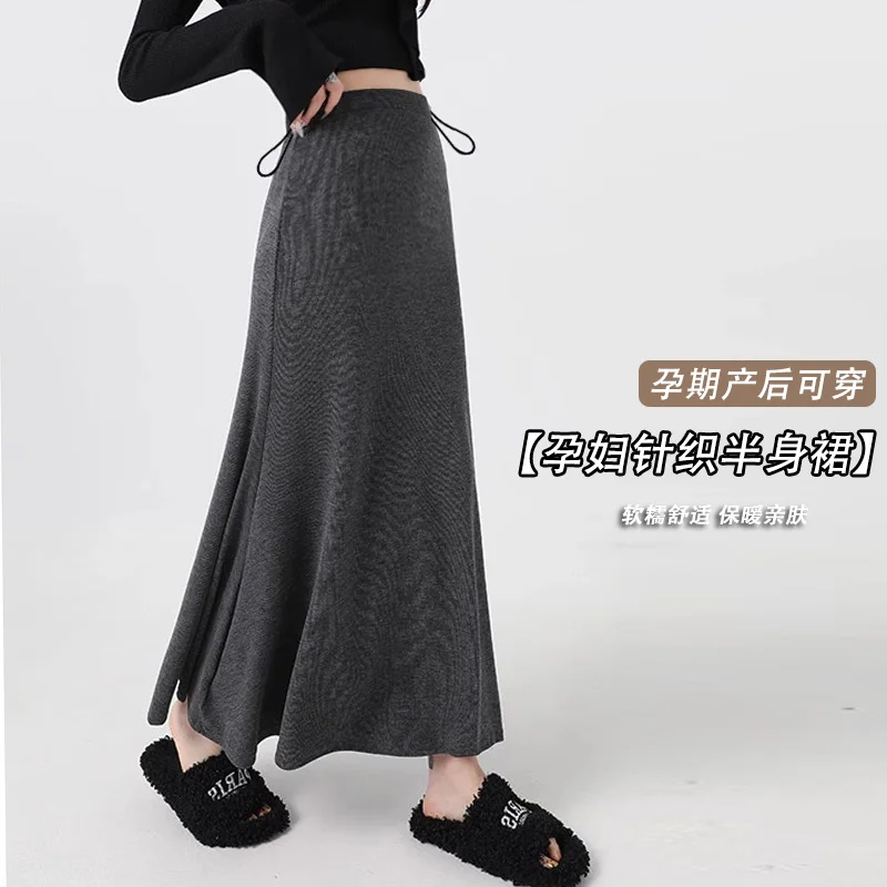 25SS Spring Summer Knitted Maternity Soft Draped Midi Skirt Non-Support Versatile A Line Fishtail Long Skirt for Pregnant Women