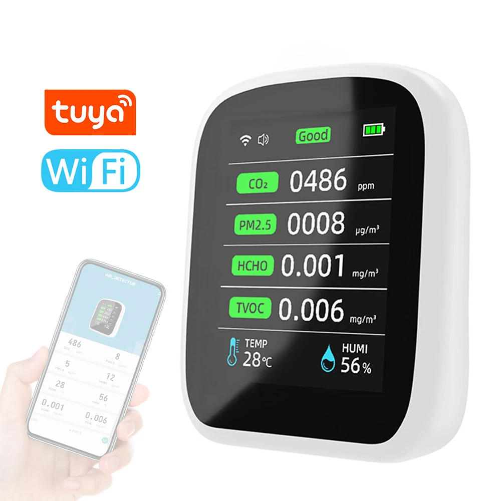 Monitor Qualità Dell'aria WiFi 7-in-1 Yinchus – Rileva PM2.5, TVOC, HCHO (formaldeide), CO2, Temperatura, Umidità E Tempo, Con App Tuya, Batteria 1200 MAh, Display LCD Retroilluminato