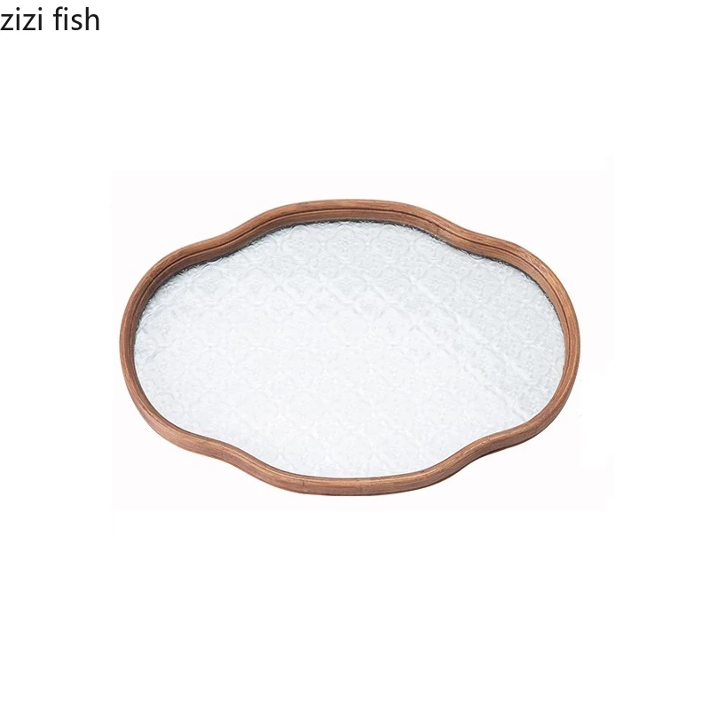 Vintage Glass Bamboo Tea Tray Fruit Dim Sum Tray Cake Tray Crabapple Flower Glass Storage Trays Household Storage Container 6