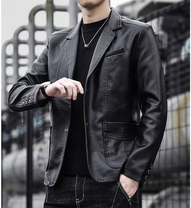 Mens Casual Leather Jacket - 2024 Fashion Slim Fit Coat 5XL BlackKahki