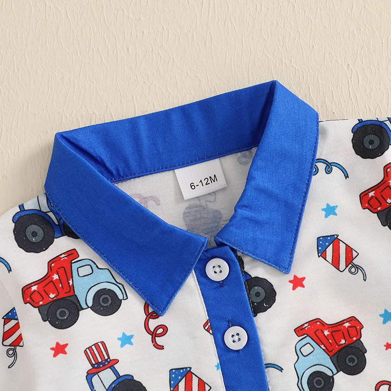 Toddler Boy 4th of July Shirts Truck Star Print Half Button-up Lapel Neck Short Sleeve Tops Casual Summer Clothes