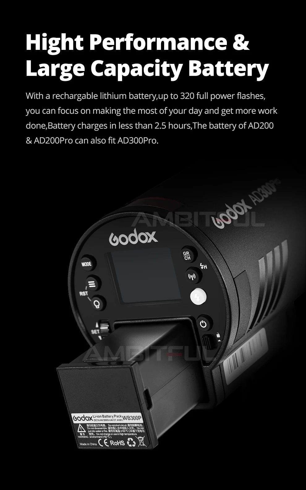 Godox AD300Pro Outdoor Flash Light 300Ws TTL 2.4G 1/8000 HSS with 2600mAh Batter