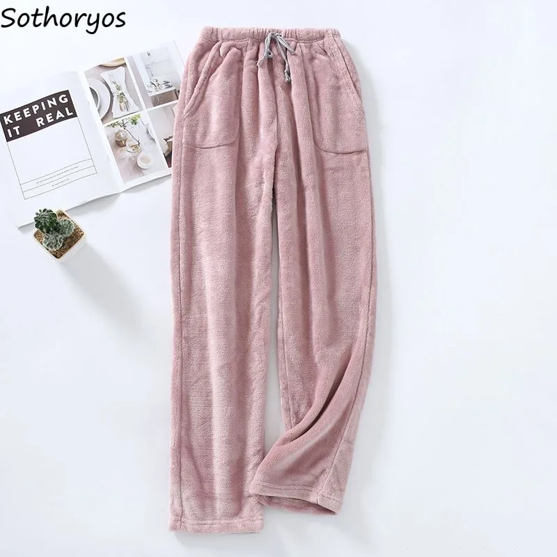 

Loose Long Sleep Bottoms Women Sleepwear Autumn Winter Coral Fleece Thick Warm Unisex Home Cozy Soft Solid All-match Candy Color