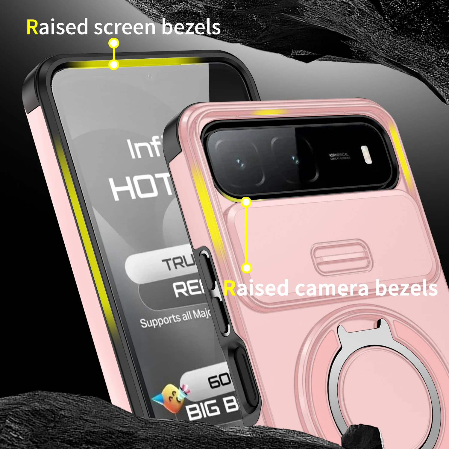 Rotating Ring Phone Case with Magnetic Charging Cover and Sliding Lens Protector