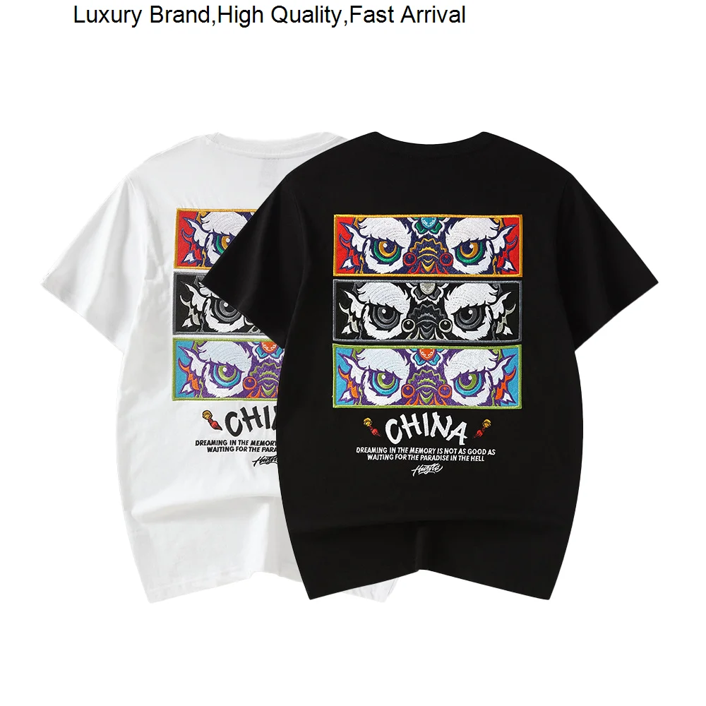 

new Summer national tide wake -up lion embroidery round neck half -sleeved loose Chinese cotton T -shirt