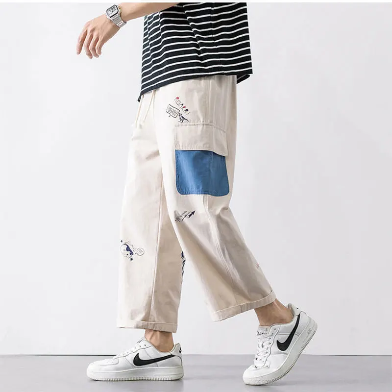 Elegant Fashion Harajuku Slim Fit Ropa Hombre Loose Casual All Match Cropped Pants Patchwork Printed Pockets Straight Leg Pants