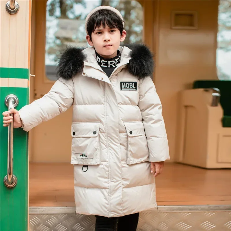 

-30 Degree Russian Winter Boy Down Jacket Fur Collar Thicken Warm Long Boy Outerwear Coat 5-14 Years Teenage Boy Parka Outfit