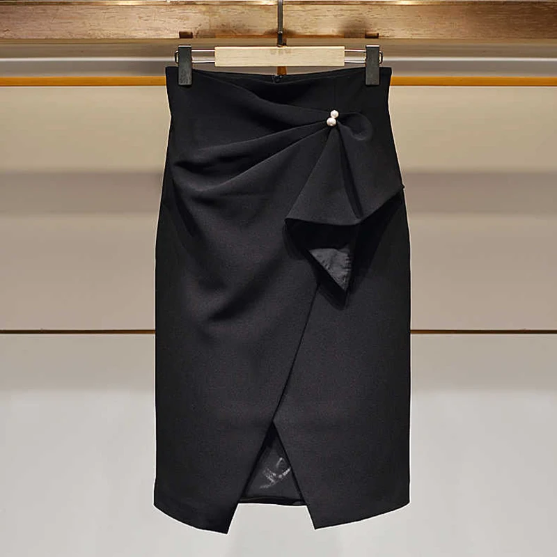 2024 spring summer new high-waisted bow temperament pleated slit irregular hip skirt skirt women