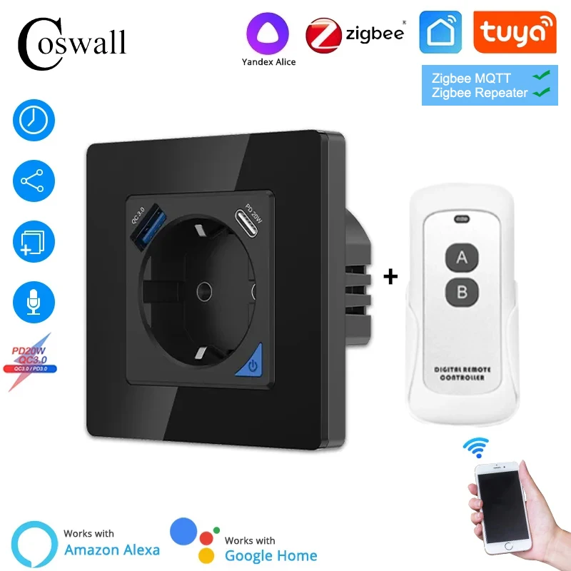 Coswall Alice Glass Zigbee Tuya Smart EU Wall Socket With PD 20W Type-C & A Dual USB Fast Charger With Electricity Statistics