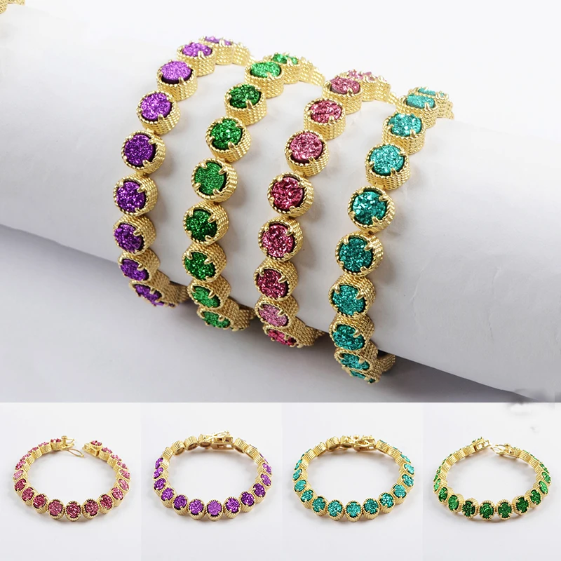

Tennis Chain Bracelet Round Natural Druzy Stone Rainbow Crystal Bracelets For Women Wedding Jewelry Gift Wholesale