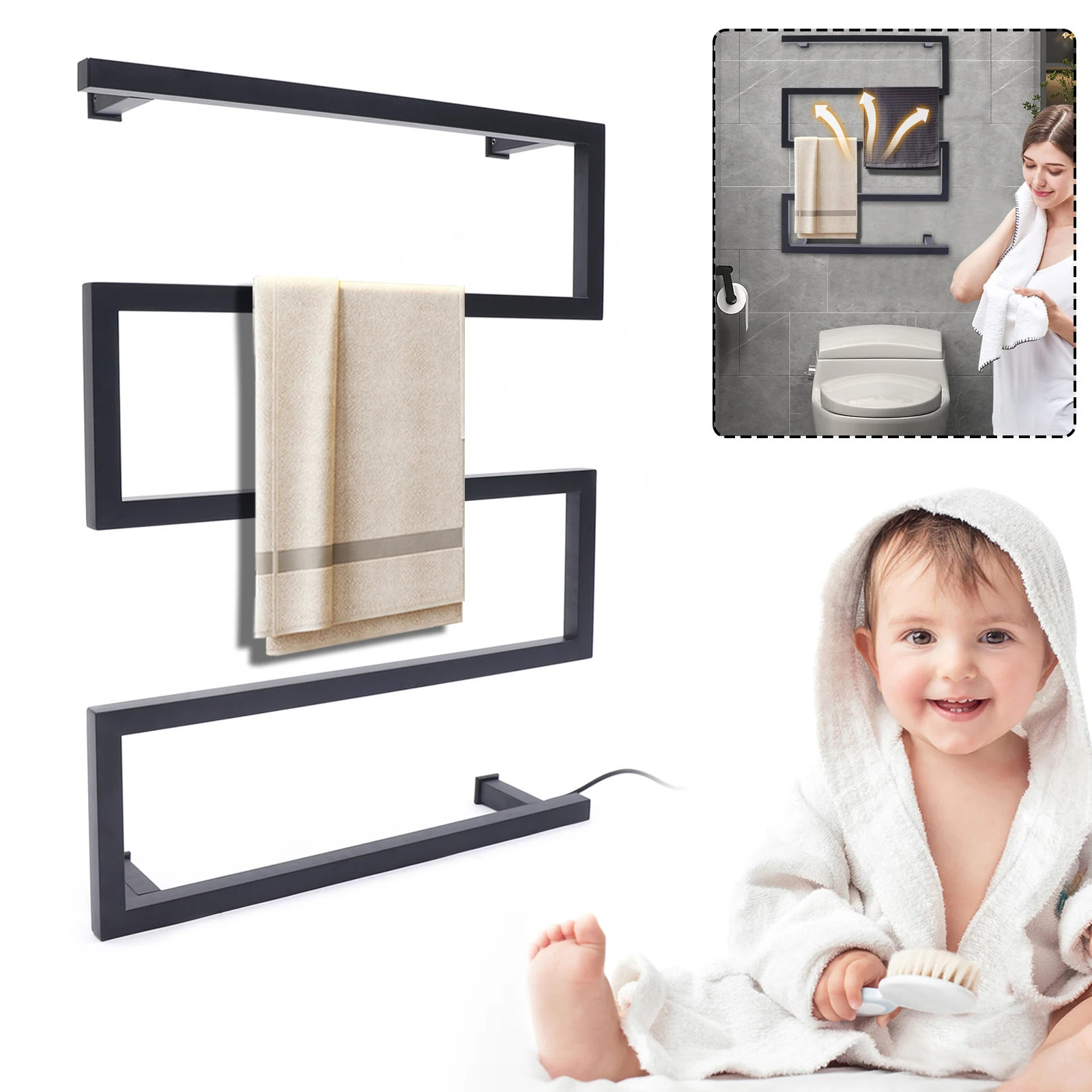 Description Picture 3 of item304 Stainless Steel Electric Towel Warmer Rack, Wall-mounted Towel Drying Rack, Black, Bathroom, 5 Bars