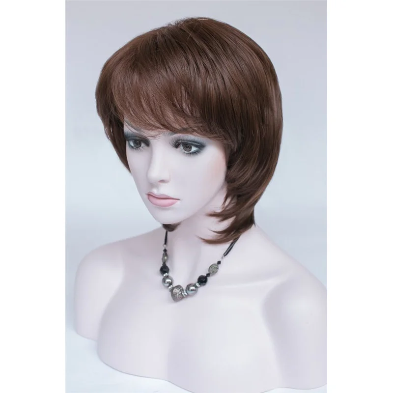 여성 가발 숙녀 가발 짧은 직선 다크 브라운 레드 합성 머리 가발