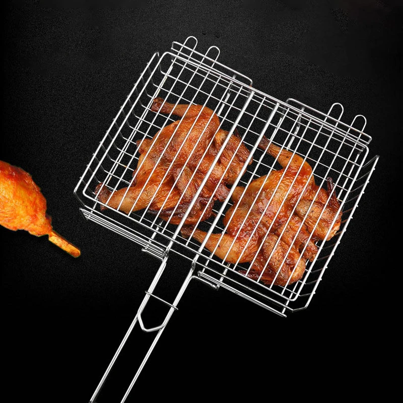 Portable Bbq Basket With Wood Handle Adjustable Stainless Steel Barbecue Grill Rack Mesh For