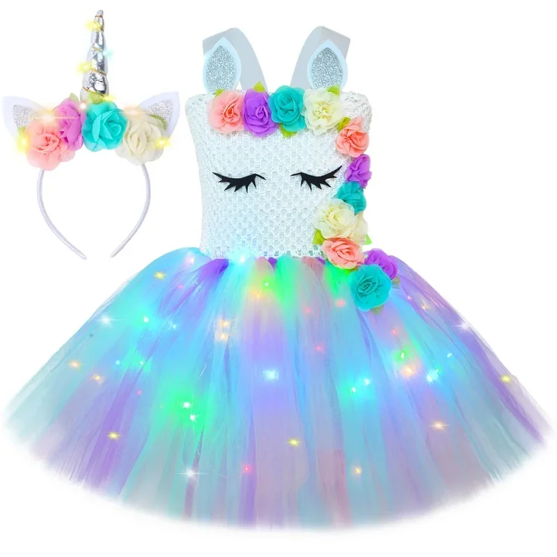 thumbnail image 1 of Vestido de princesa unicornio con tutú para niñas, vestido de tul con flores iluminadas con LED, ropa de fiesta de cumpleaños, disfraz de Halloween para niños, vestido, 1 of 5
