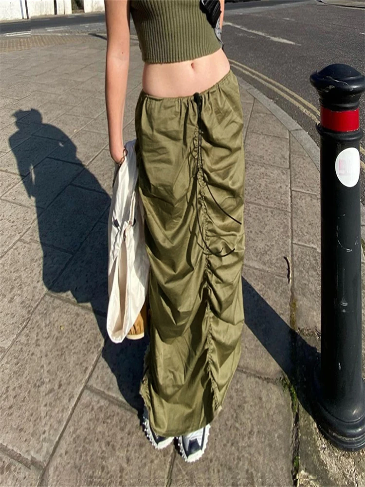 

Women Casual Fashion Pleated Skirt Solid Color Elastic High Waist Drawstring Bodycon Half Dress Spring Summer Vintage Streetwear