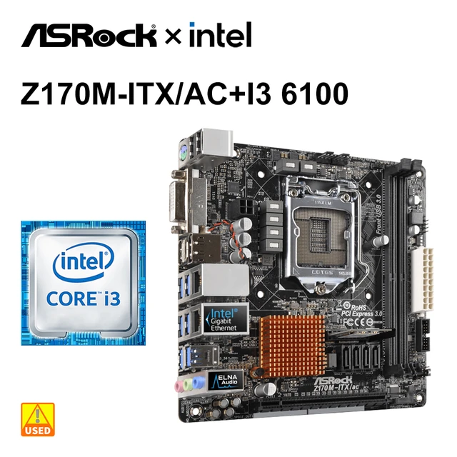 1151 Motherboard kit Asrock Z170M-ITX/AC with i3-6100 cpu+DDR4 8G