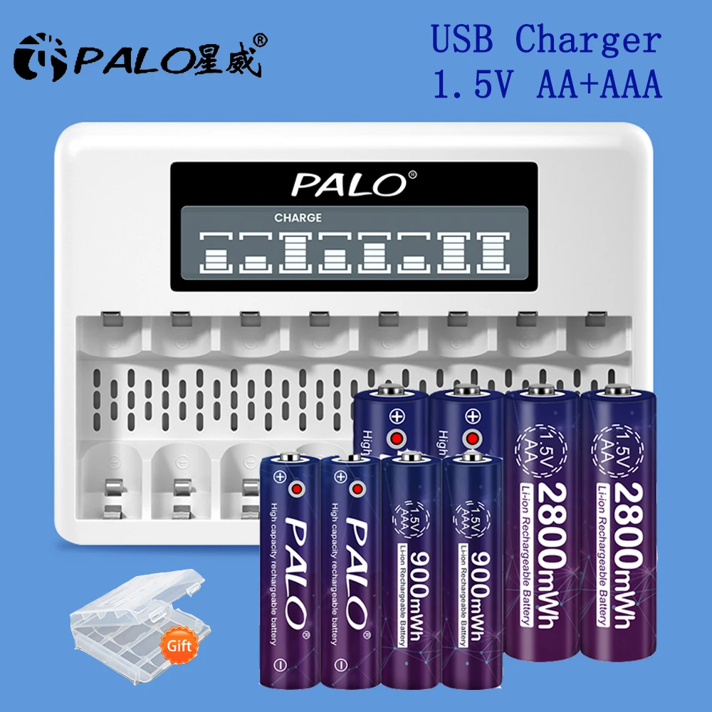 

1.5V 2800mWh AA + 900mWh AAA Rechargeable Lithium ion Battery for Flashlight Toy MP3 Player + USB fast 8 slots Battery charger