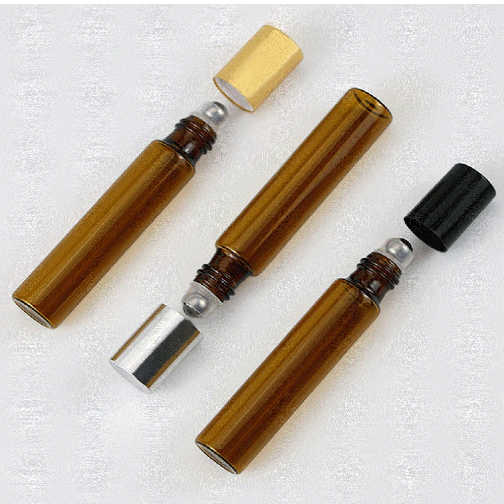 3/5/10ML Amber Glass Roller Perfume Bottle Empty Mini Roll on Gold Black Cap Cosmetics Sample Tube Thin Vials Refillable Bottle 5