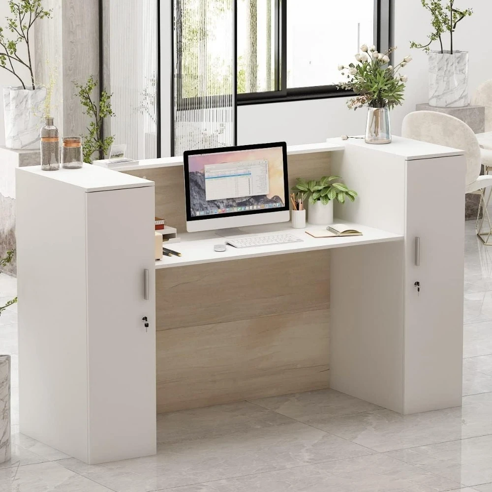 Rectangular Wood Reception Desk 2 Cabinet Brown French Lake House Urban MDF Finish Shelves