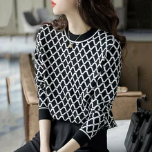 

Spring Women's Knit Wear Round Neck Slimming Contrast Wave Diamond Pattern Knitted Sweater Office Lady Bottoming Pullover Korean